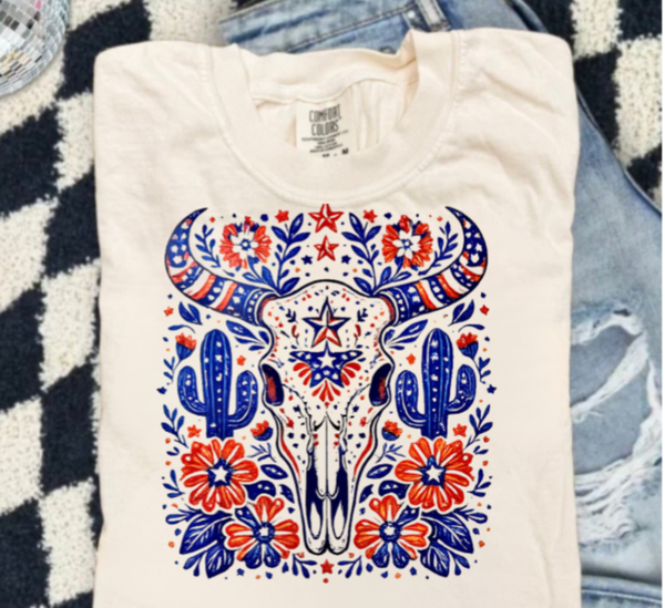 4th Of July Western Cow Skull Graphic T-Shirt