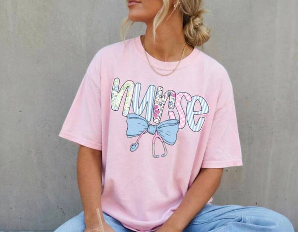 Nurse Multi Color With Bow Graphic T-Shirt