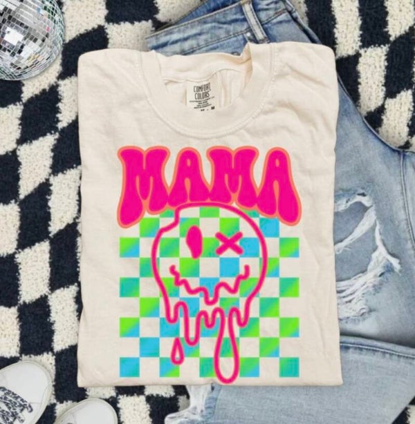 Mama With Smile Face In Neon Colors Graphic Shirt