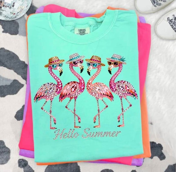 Hello Summer Pink Rhinestone Design Graphic T-Shirt