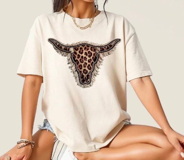 Cheetah Print Cow Skull With Fringe Graphic T-Shirt