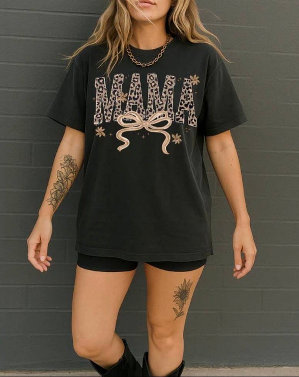 Mama In Cheetah With Bow Graphic Shirt