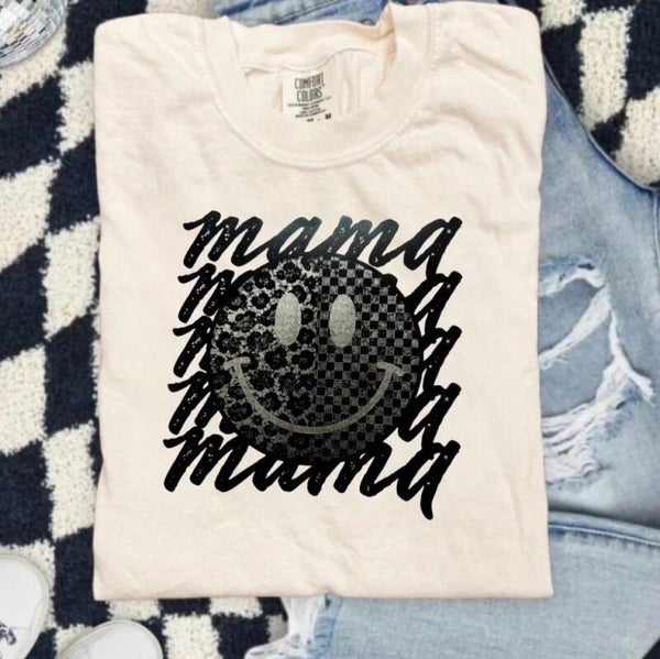 Mama With Smiley Face And Cheetah Print Graphic T-Shirt In Black