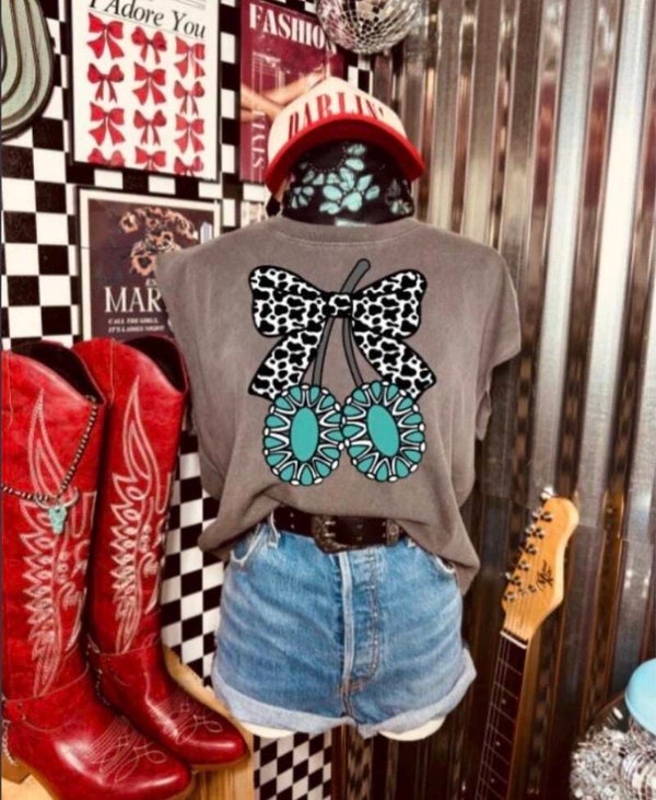 Turquoise Cherries With Cheetah Print Graphic T-Shirt
