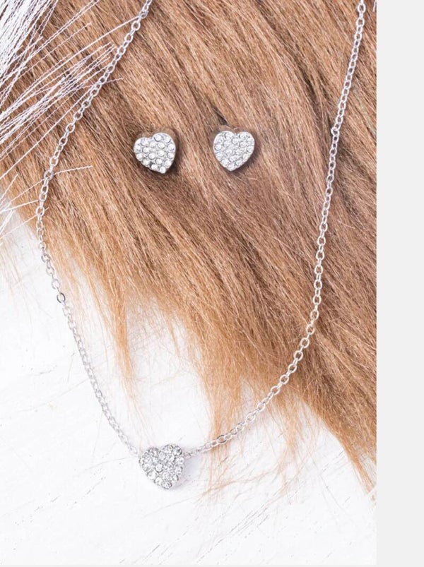 Silver Rhinestone Heart Necklace Stud Earring Set