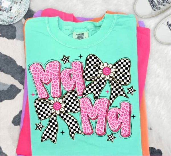 Mama In Checkered, Cheetah, Bows Graphic T-Shirt