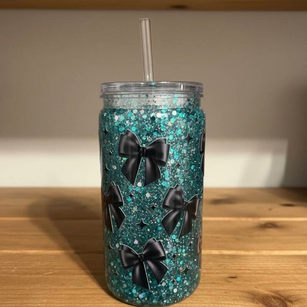 Teal Snowglobe Tumbler With Bows
