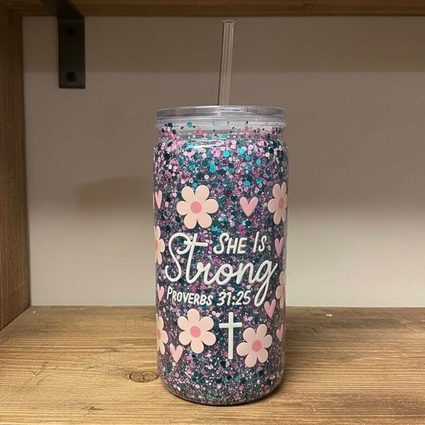 She Is Strong 16oz Snowglobe Acrylic Tumbler