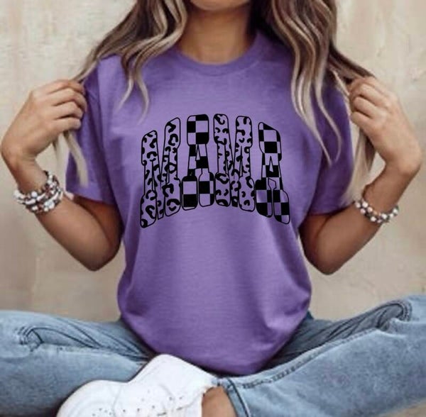 Mama Checkered With Cheetah Print Graphic T-Shirt