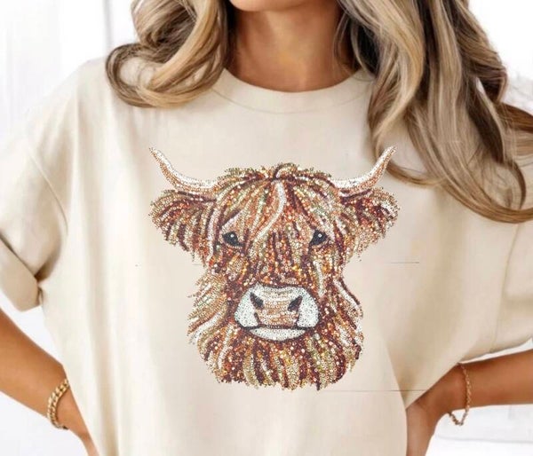 Brown and Tan Sparkle Highland Cow Graphic T-Shirt