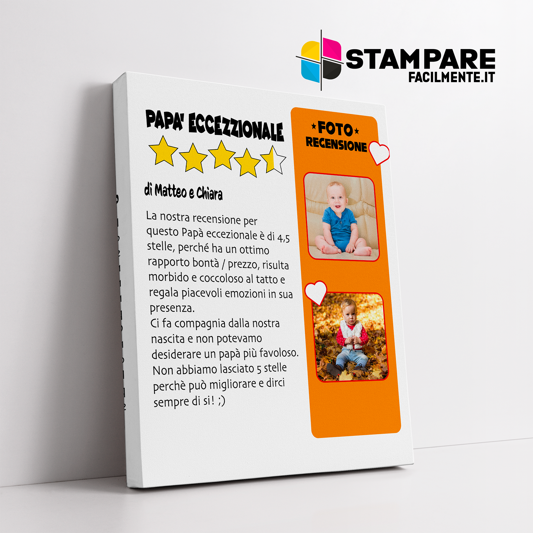 Quadro regalo per la festa del papà "Recensione del papà" personalizzato con foto e nomi