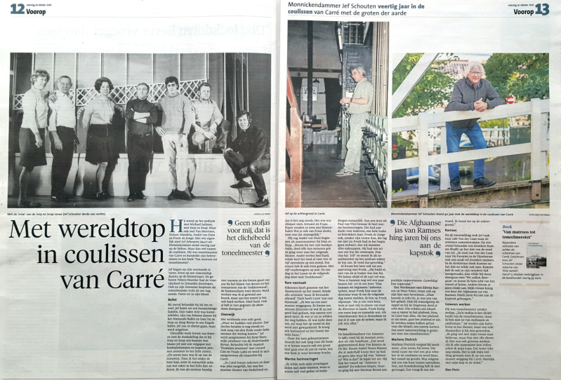 Jefg Schouten werkte 40 jaar als toneelmeester in Carré. . In Van matroos tot toneelmeester vertelt hij over die gezellige en turbulente tijd, waarin de wereld veranderde en het theater professionaliseerde. Van het einde van de revue naar de opkomst van d