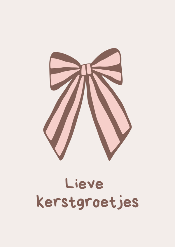 Kerstkaart - Lieve kerstgroetjes - Bruin met roze strik