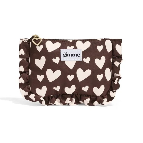 Make-up tas - Bruin met lichtroze hartjes