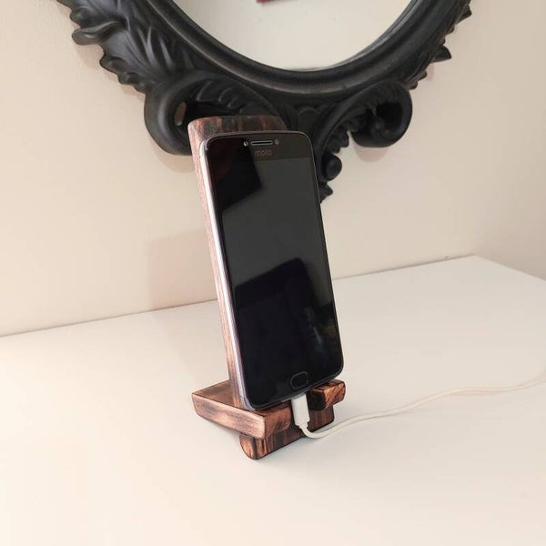 Smart phone stand, holder, charge Dock | Hand crafted, scorched, flame kissed, one of a kind, eco friendly, reclaimed materials