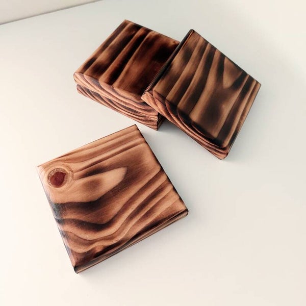 Set of 4 Drinks Coasters | Hand crafted, scorched, flame kissed, one of a kind, eco friendly, reclaimed materials