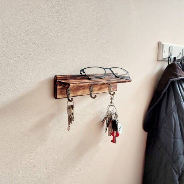 Key hook, hallway hooks, dog lead hooks, with shelf | Handcrafted eco-friendly reclaimed materials scorched finish