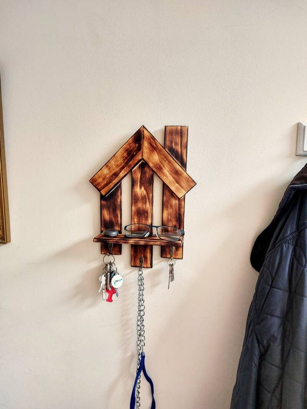 Home Wall Art and Key hook, hallway hooks, dog lead hooks, with shelf | Handcrafted eco-friendly reclaimed materials scorched finish