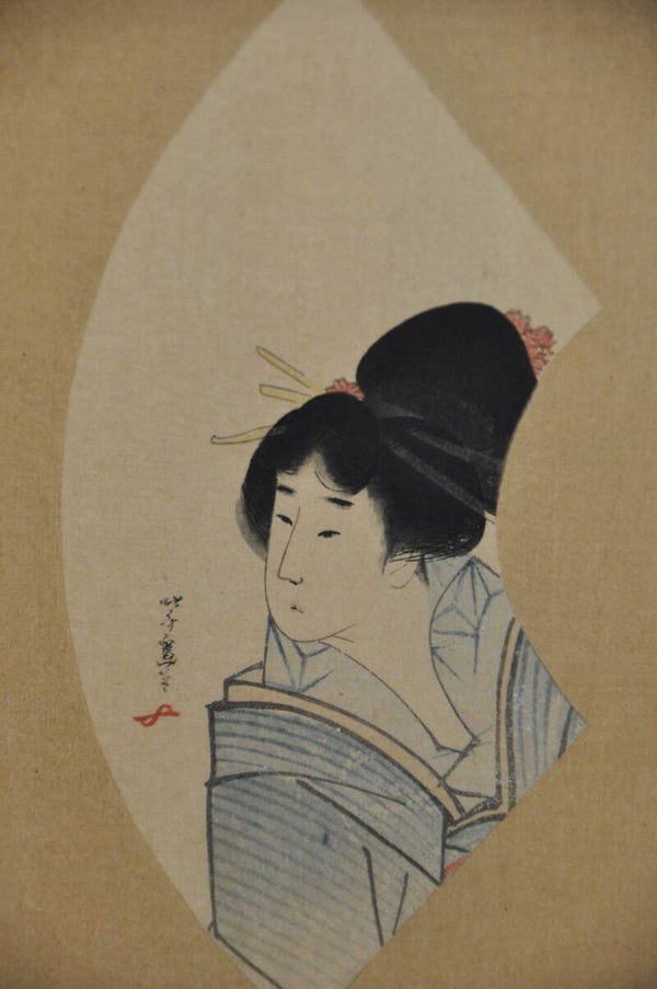 Fan style woodblock print of lady