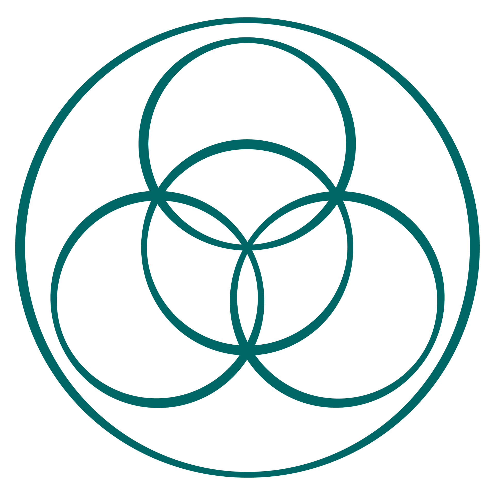 Logo met 5 cirkels die symbool staan voor de integratie van lichaam, geest en ziel die samenkomen tussen Hemel en Aarde