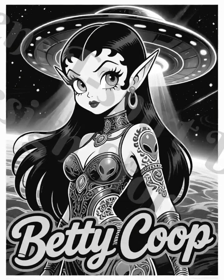 Betty Boop Coop Alien UFO Tattoo.Black and White