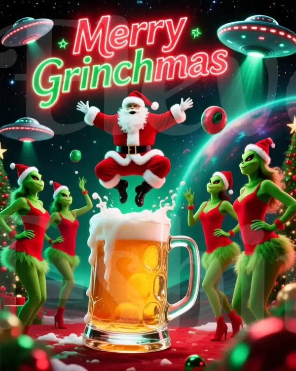 It's Beer Day Santa with UFOs & Alien Grinch Woman.