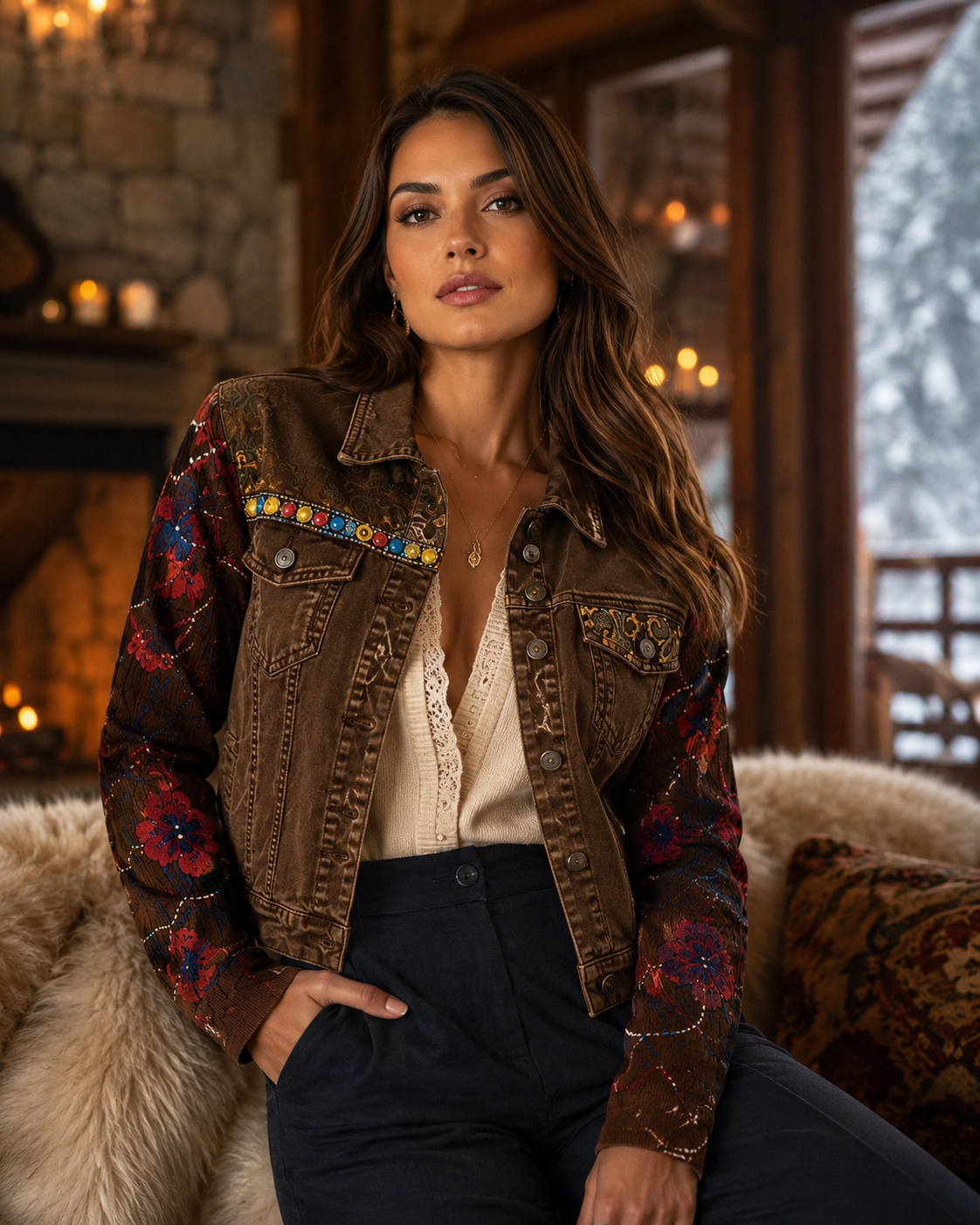 Floral Knit Sleeve Denim Jacket