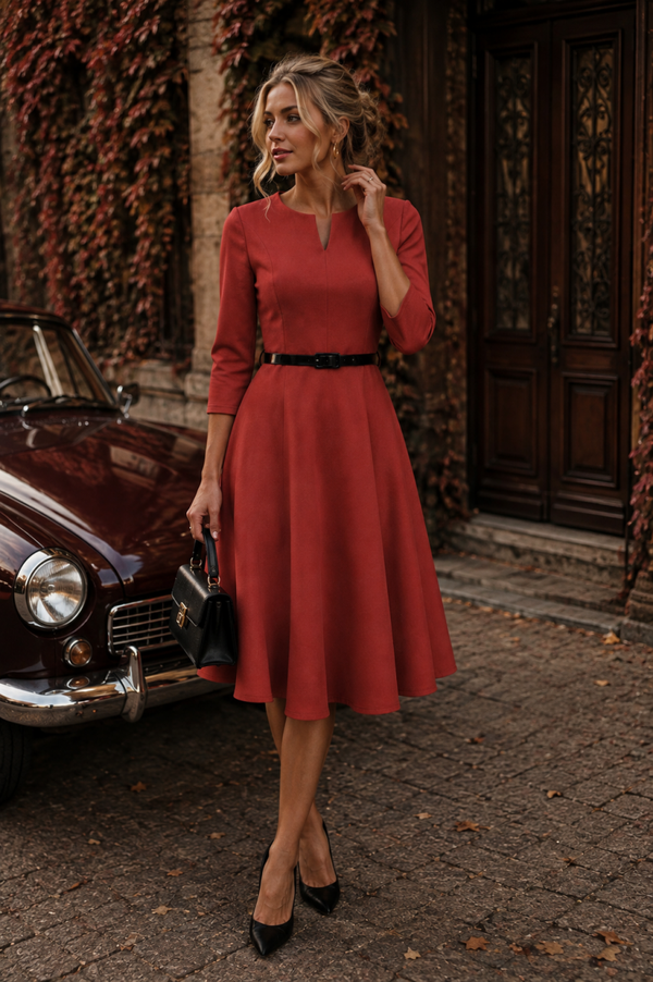 Scuba Crepe 3/4 Sleeve belted Dress