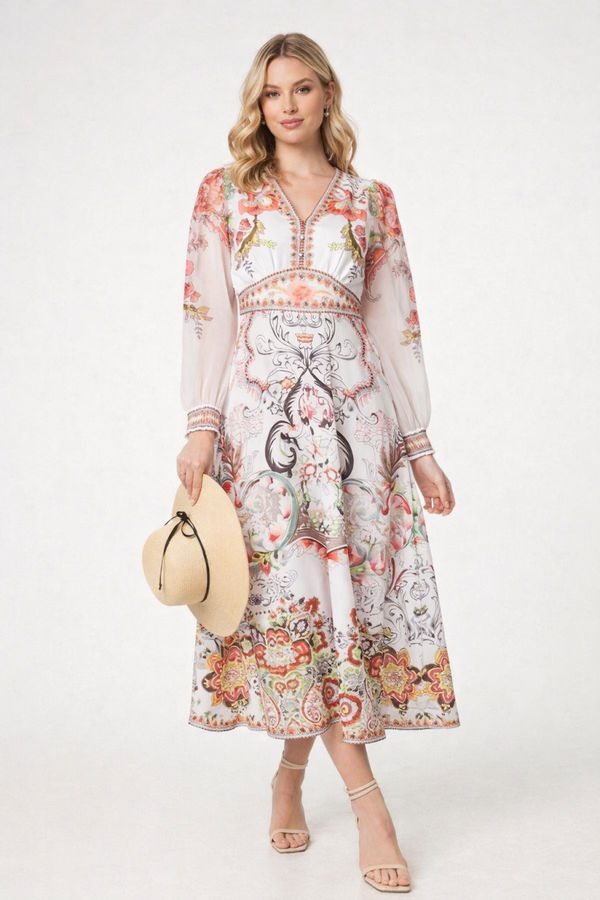 Printed V Neck Midi Dress