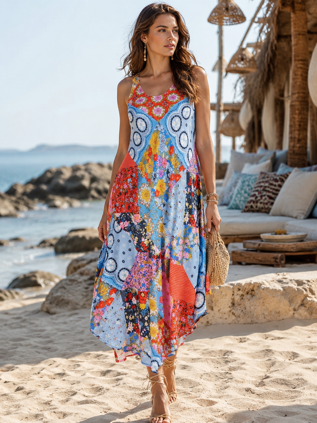 Patchwork sleeveless Midi dress