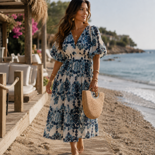 Blue Pattern Puff Sleeve Dress