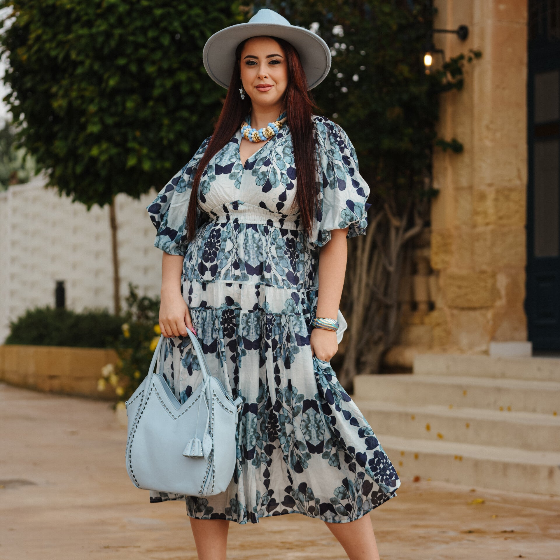 Blue Pattern Puff Sleeve Dress
