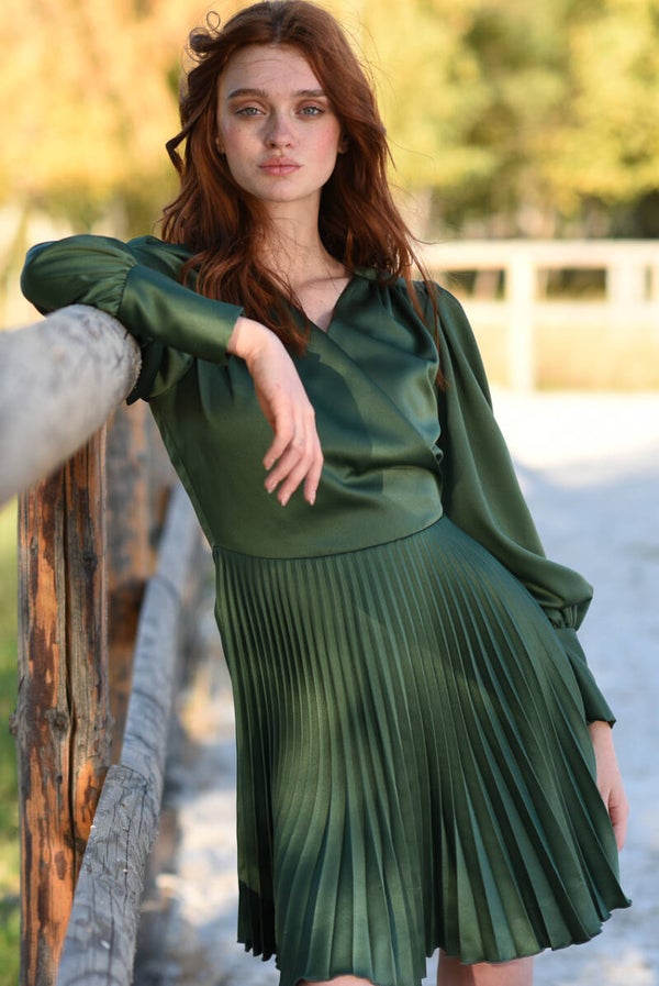 Olive wrap pleated designer dress