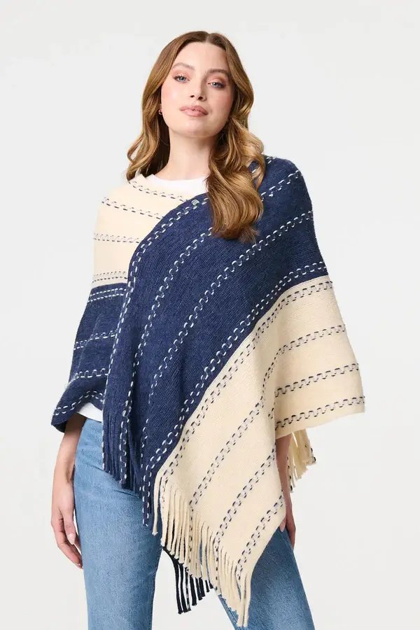 Striped tassle detail poncho