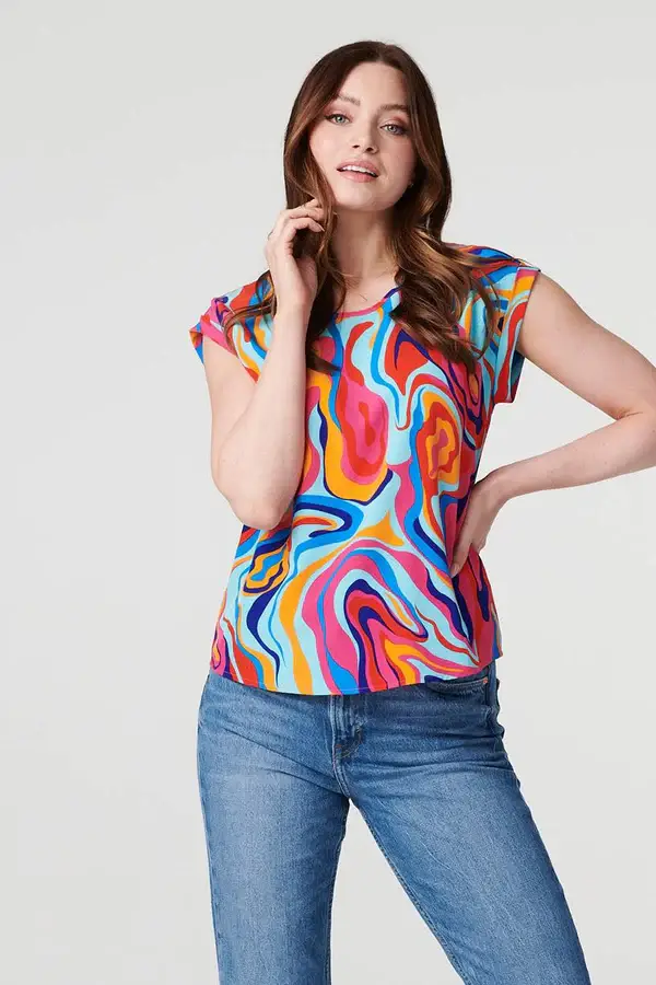 Printed turn-up sleeve top