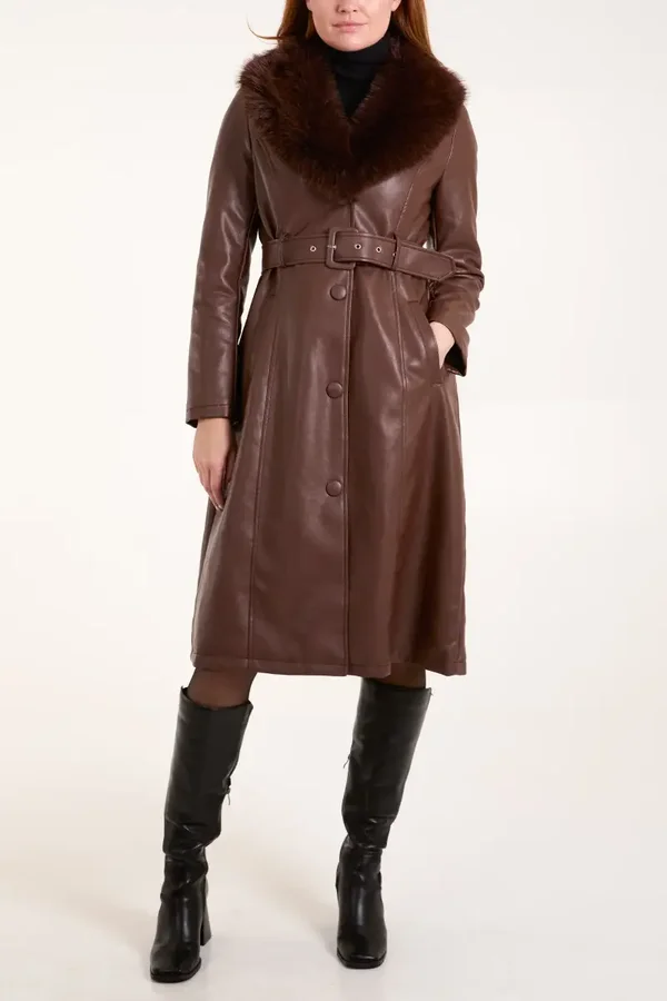 Longline Leather look fur coat