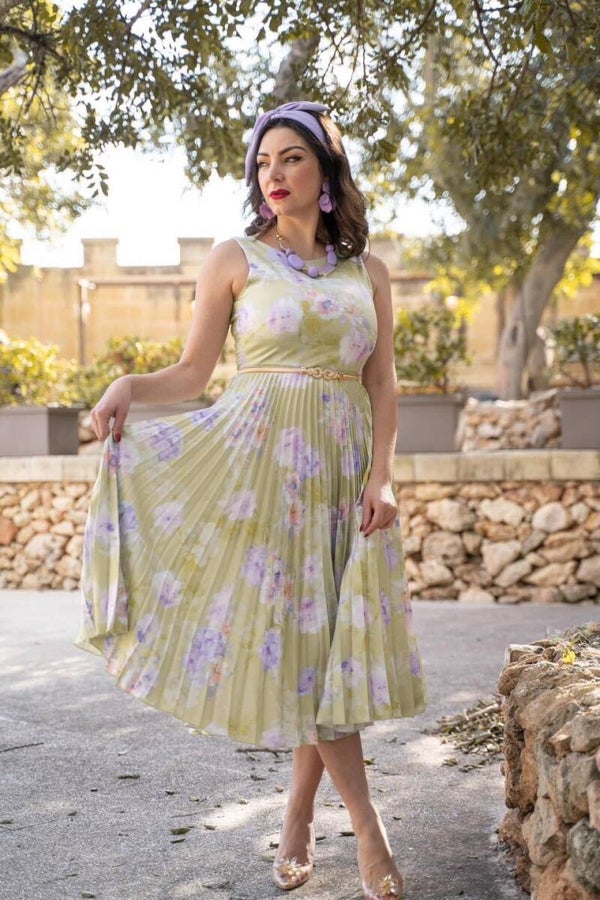 Lime floral pleated designer dress
