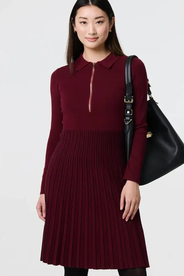 Zip Collar Pleated Knit Dress