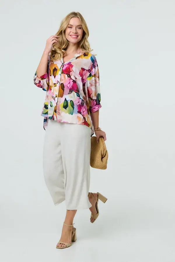 High waist Wide leg 3/4 Trousers