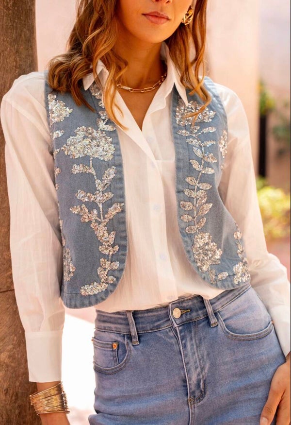 Silver Sequin Denim Waist Coat