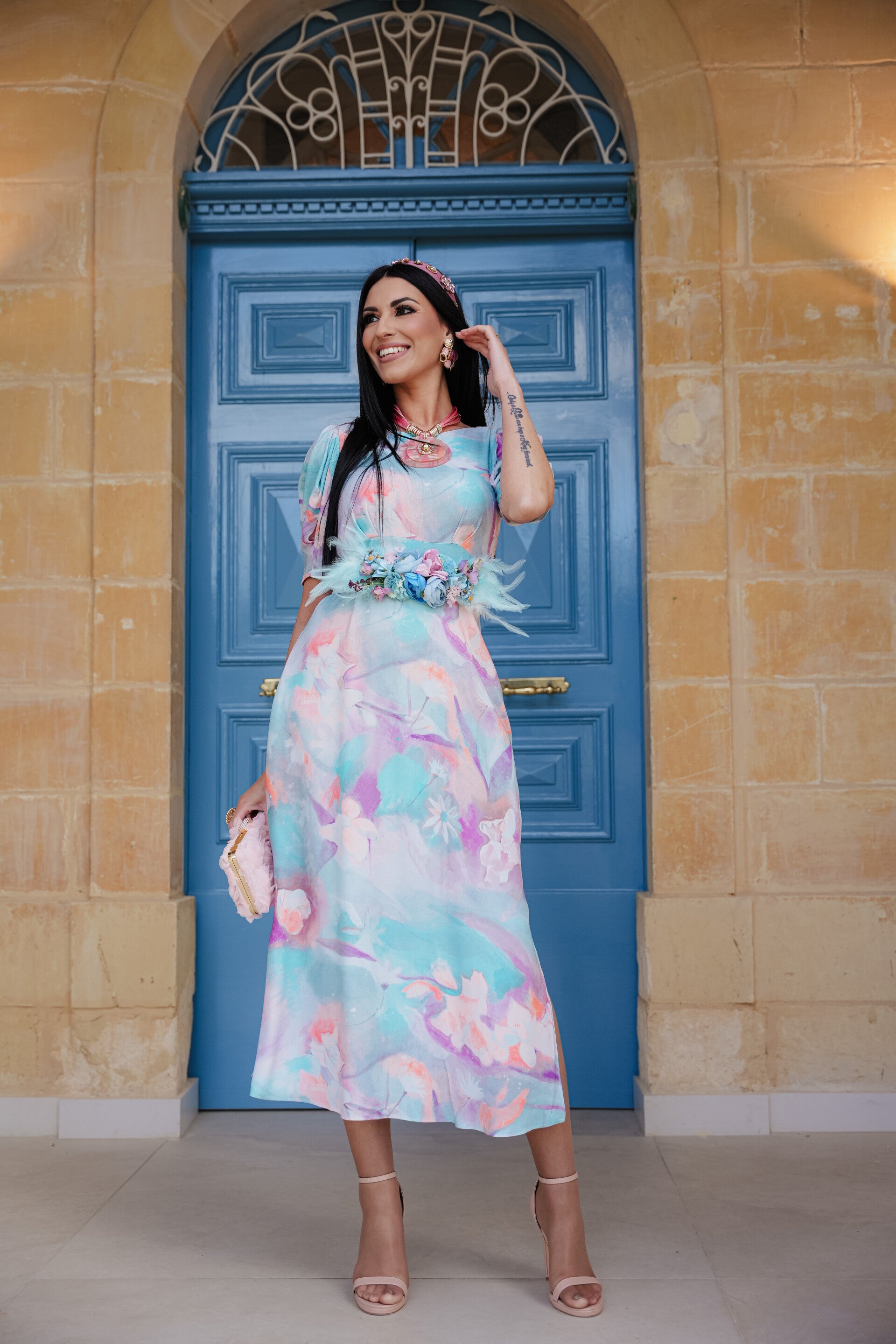 Turquoise A-line V Back Designer Dress