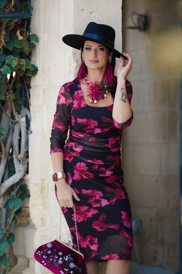 Mesh liner Diamond Neck Dress