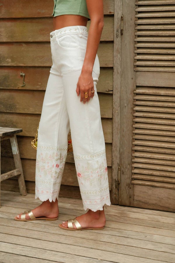 Floral Embroidered Wide Leg Jeans