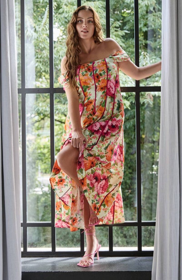 Bardot Sleeve Corseted Designer Dress