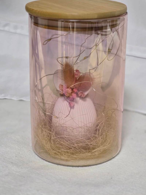 Schimmerndes Oster-Dekoglas mit süßem Häschen & Lichterkette – handgemachte Frühlingsdeko – Geschenk zu Ostern