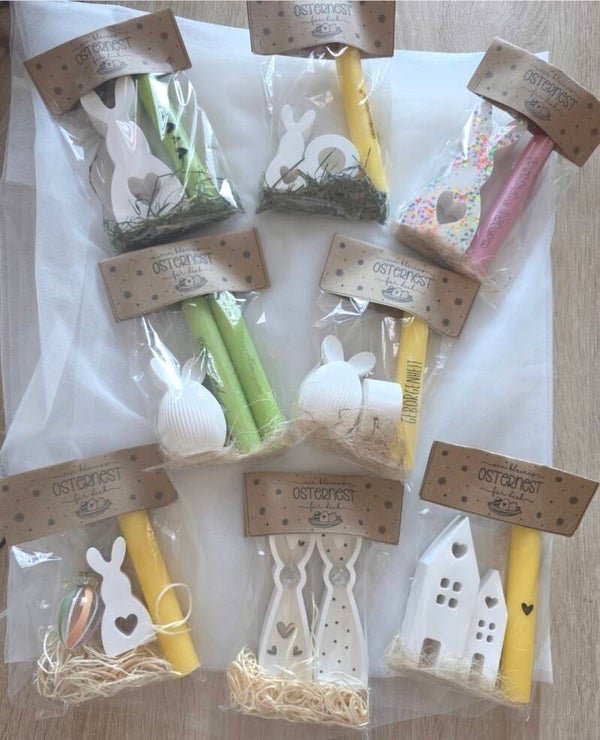 Handgemachtes Oster-Set mit Kerze & Dekofigur – Frühlingsgeschenk mit Bedeutung