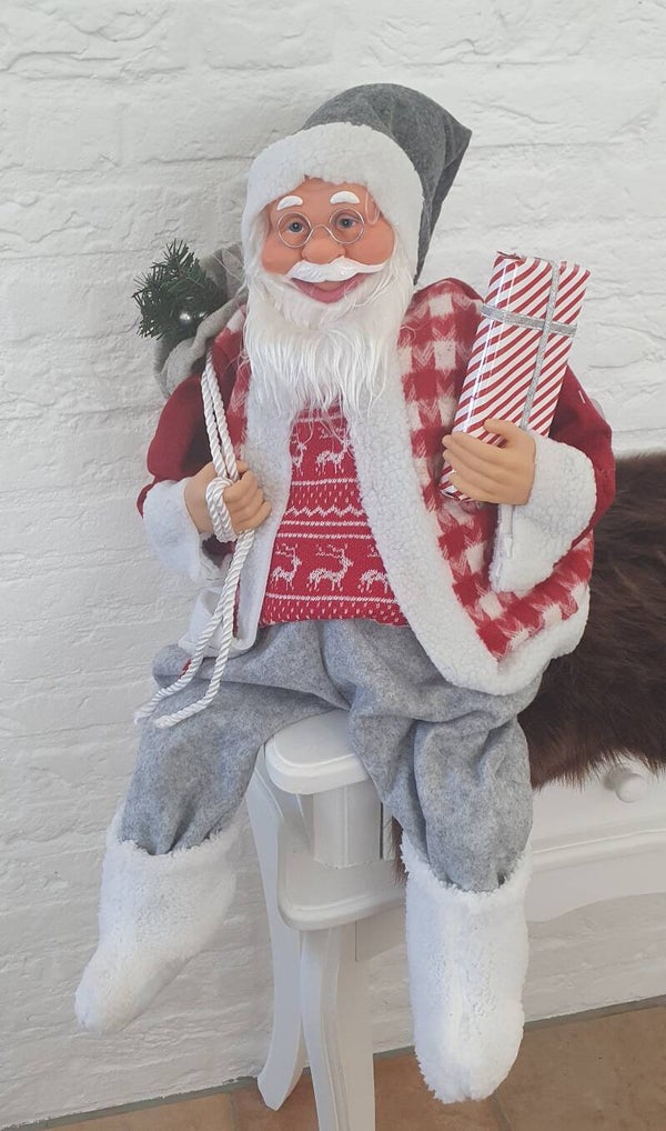 Zittende Kerstman Grijs/Rood