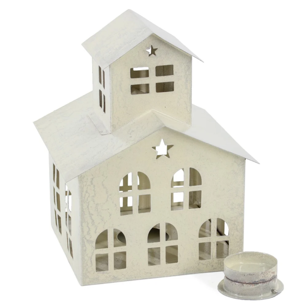 Metalen huis waxinehouder wit