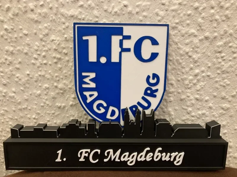 1. FC magdeburg with skyline of magdeburg