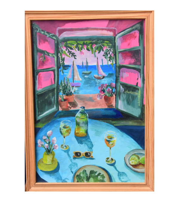 Schilderij uitzicht zeilboten 23x32cm